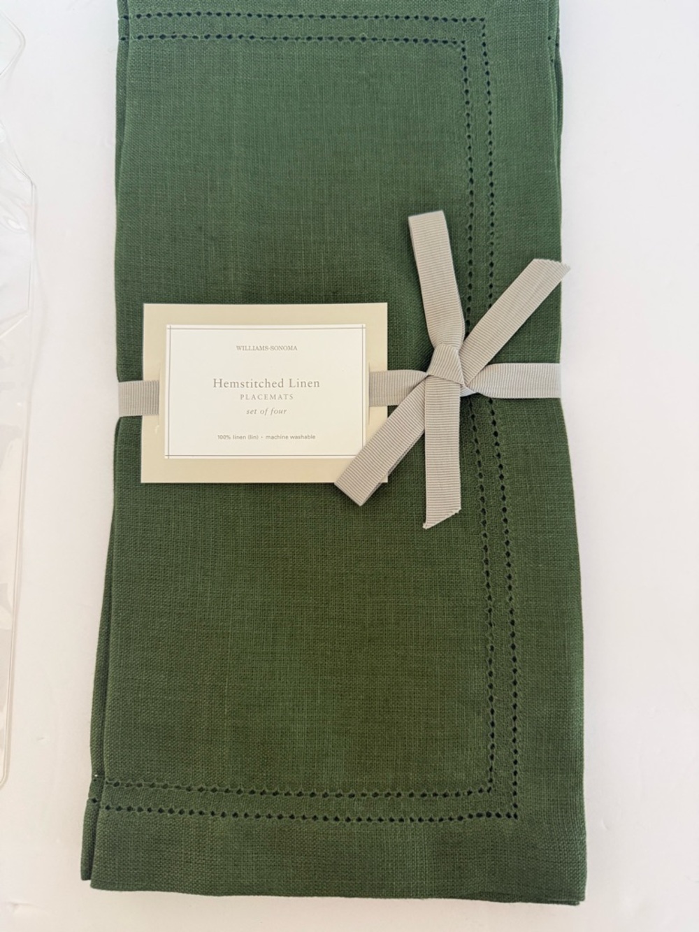 Williams Sonoma Linen Hemstitch Placemats Green Set 4 NWT